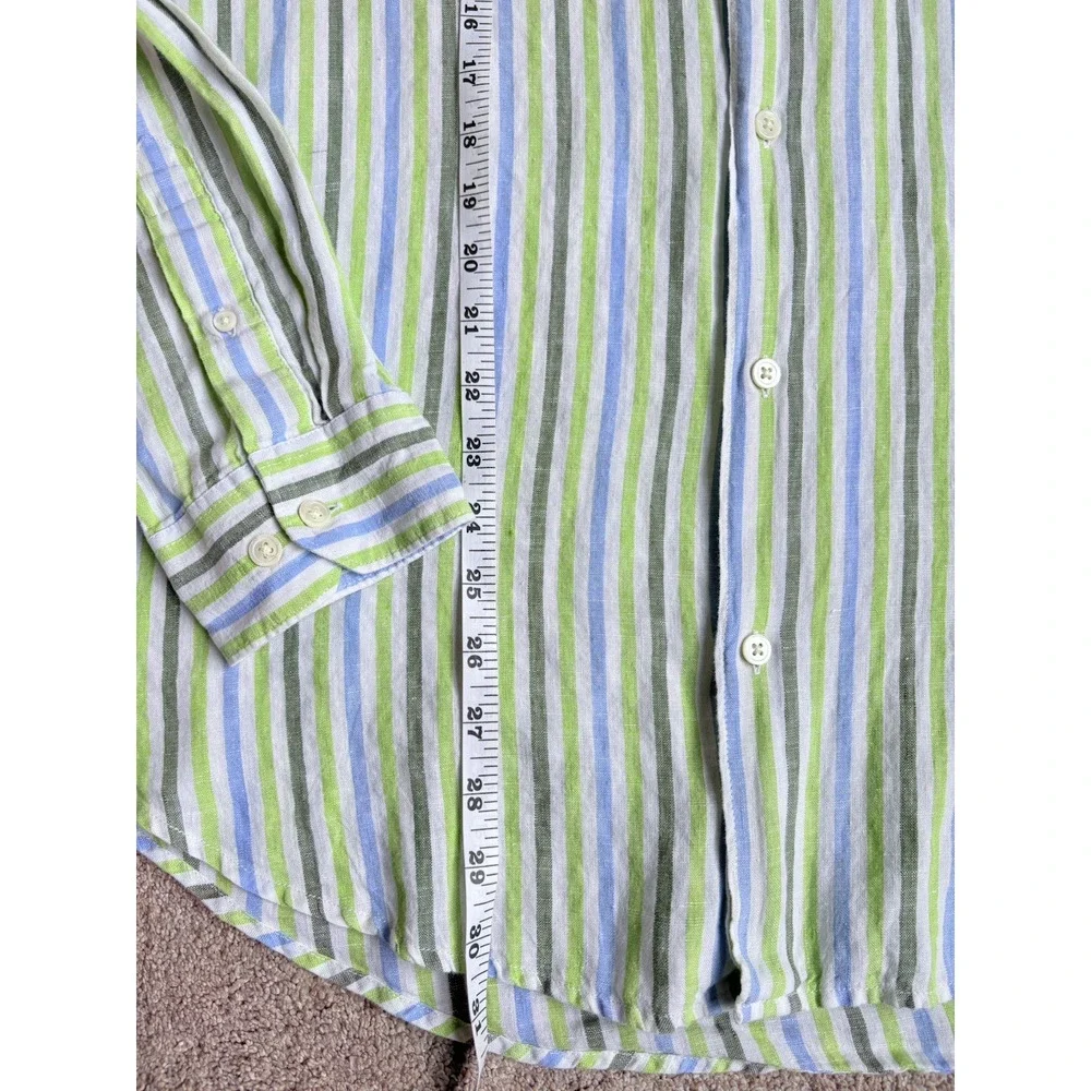 Banana Republic Mens L Linen Striped Button Front Shirt Long Sleeve Green Blue